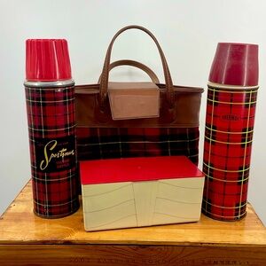 Vintage 60s Plaid Thermos Picnic Set Lunch Bag Thermos Sandwich Box Camping Set
